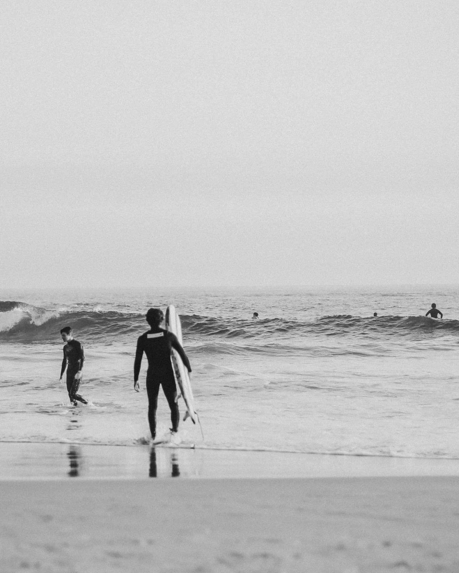 Surfers walking into ocean waves along the shore