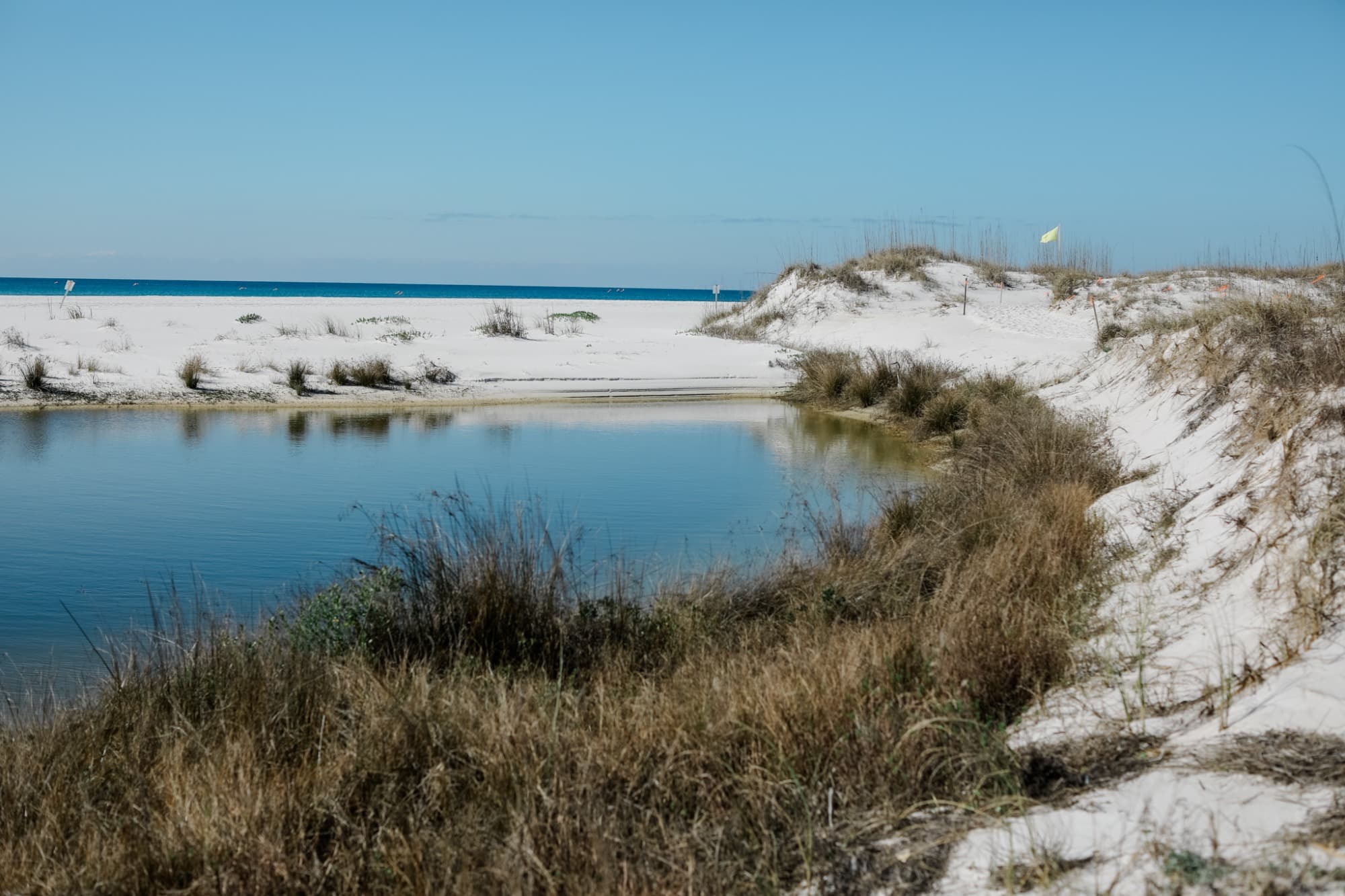 White sand dunes and blue water along the coast